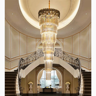 Long crystal chandelier for a high-ceiling entrance