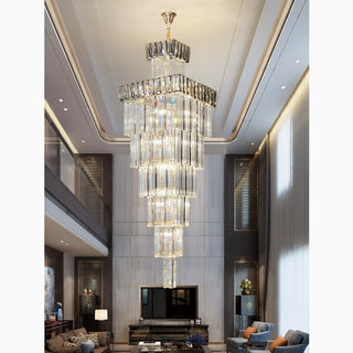 Modern square crystal chandelier in smoke gray crystal for villa staircase