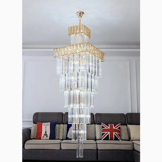 Modern square crystal chandelier with polished metal frame for villa staircase