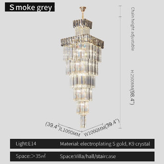 Modern square crystal chandelier with multi-layered tiers for stairwell