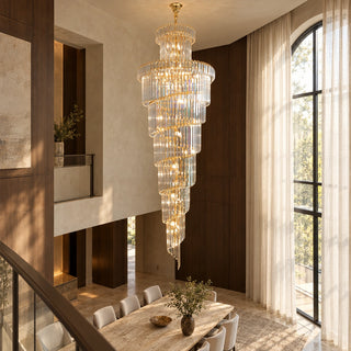 Cap d'Ail crystal staircase chandelier in a double-height dining salon