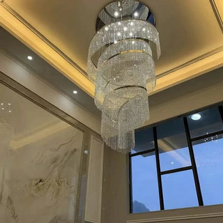 Circular spiral crystal chandelier, close-up of crystals