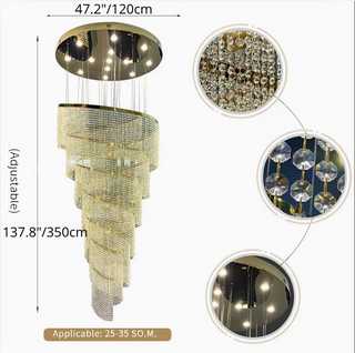 Golden/chrome crystal spiral chandelier, side angle view