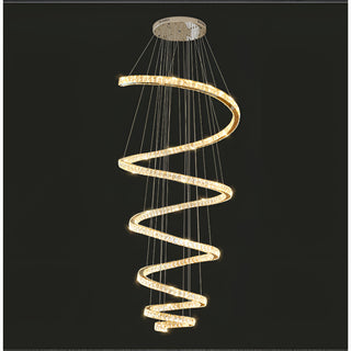 Long spiral crystal chandelier featuring a wedge-base LED strip for living room