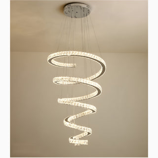Long spiral crystal chandelier in warm 3000K light for living room
