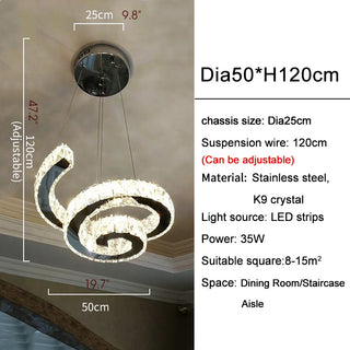 Long spiral crystal chandelier with cascading crystals for dining room