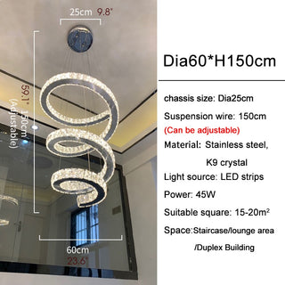 Long spiral crystal chandelier featuring a wedge-base LED strip for dining room