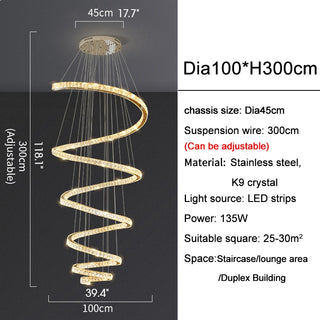 Long spiral crystal chandelier in cool 6000K light for dining room