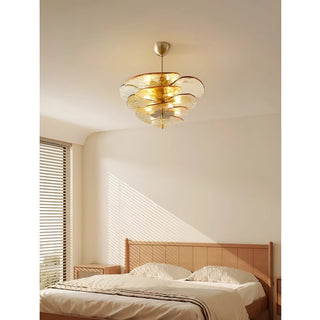 Mirodemi Lunaria layered glass disc chandelier in amber glass styling a warm sunlit bedroom