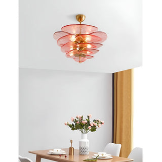 Mirodemi Lunaria layered glass disc chandelier in pink glass styling a modern dining room