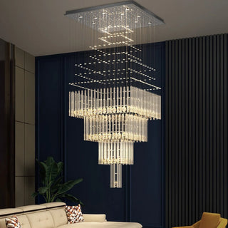 Square-base crystal ceiling chandelier with stainless steel frame for living room