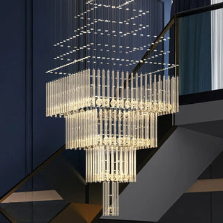 Square-base crystal ceiling chandelier in warm 3000K light for living room