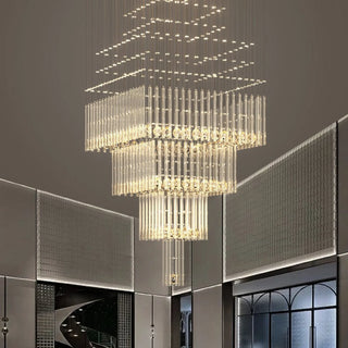 Square-base crystal ceiling chandelier in cool 6000K light for living room
