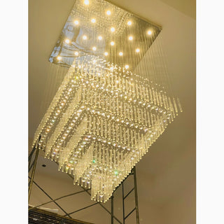 Square-base crystal ceiling chandelier with a tiered crystal look for living room