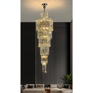 Long spiral crystal pendant chandelier in gold finish for living room