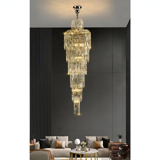 Long spiral crystal pendant chandelier featuring E14 LED bulbs for living room