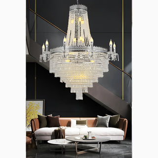 Large crystal chandelier with candle-style lights, full view