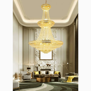 Three-tier luxury gold crystal chandelier with cascading crystal tiers