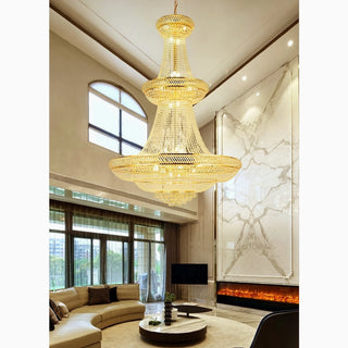 Three-tier gold crystal chandelier for a high-ceiling living room