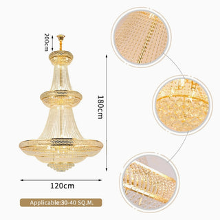 Tall three-tier gold crystal chandelier for a staircase