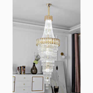 Art-Deco crystal staircase chandelier featuring E12 LED bulbs for staircase