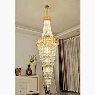 Art-Deco crystal staircase chandelier in a long cascading design for staircase