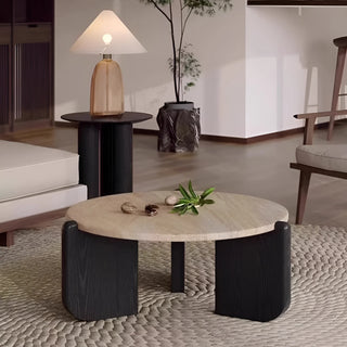 MIRODEMI travertine coffee table with natural stone surface and matte black wood base in a modern living room setting