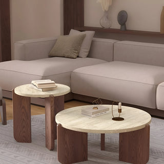 MIRODEMI travertine coffee and side tables with natural stone tops and walnut wood bases in a minimalist beige living room interior