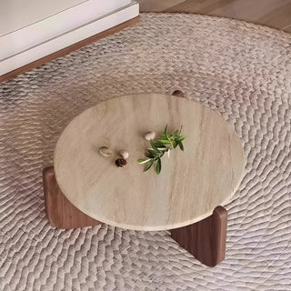 Top view of MIRODEMI travertine coffee table showing natural beige stone texture and organic surface details