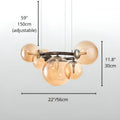 Amber glass globe chandelier 22-inch width with adjustable suspension, compact size dimension view