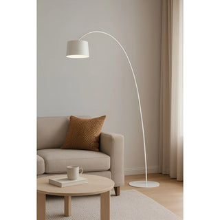Modern white arc floor lamp in minimalist living room with beige sofa and wooden coffee table - MIRODEMI designer lighting
