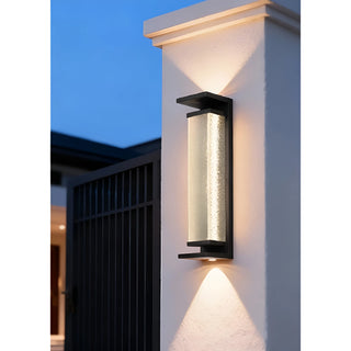 Installed black wall light with upward and downward beams, textured glass, modern design 