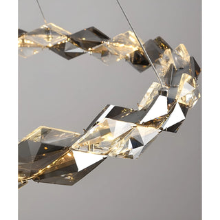 Geometric close-up of modern K9 crystal chandelier showing precise light refraction