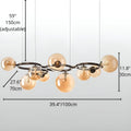 Modern glass globe chandelier in amber glass, 39.4-inch length with adjustable 59-inch suspension, dimension diagram view