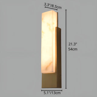Size diagram of the larger brass marble-look LED sconce, standing 21.3" tall with glowing faux marble panel