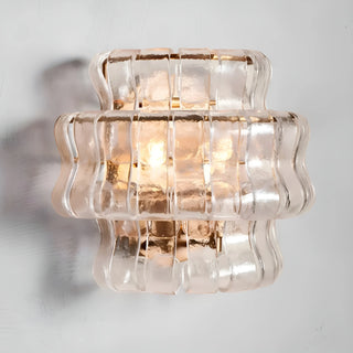 Front view of a clear Murano glass wall sconce with handcrafted textured glass and contemporary Italian design