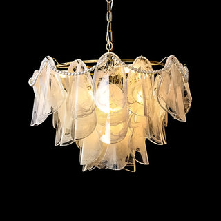 Modern Murano inspired chandelier side view with layered glass shades