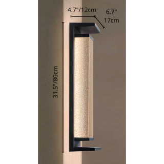 31.5" 80cm black outdoor wall light with textured glass, shown with dimensions for exterior use