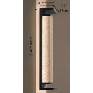 Black 39.4" 100cm modern outdoor wall light with textured glass, full size details for home exterior