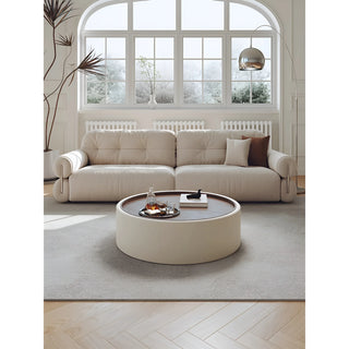 Modern living room with walnut veneer round coffee table by Mirodemi, minimalist and elegant design