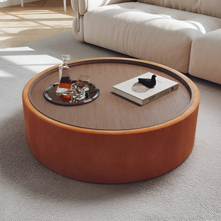 Terracotta (orange) round coffee table with walnut top and Italian sanded fabric finish