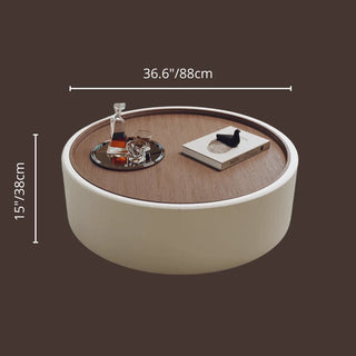 Modern round coffee table with walnut veneer top and beige body — size 36.6 inches diameter, 15 inches height