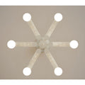 Bottom view of cream modern chandelier showing six-arm structure and globe bulbs