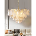 Modern tiered glass pendant chandelier with gold frame and pearl detailing