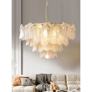 Modern tiered glass pendant chandelier with gold frame and pearl detailing
