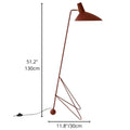 Modern sculptural tripod floor lamp dimensions diagram with height and base measurements