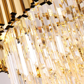 Monaco custom crystal chandelier close-up of illuminated beveled crystal pendants