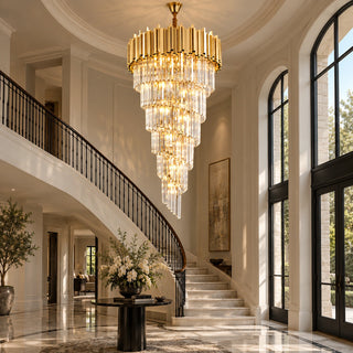 Monaco custom crystal chandelier beside a curved staircase