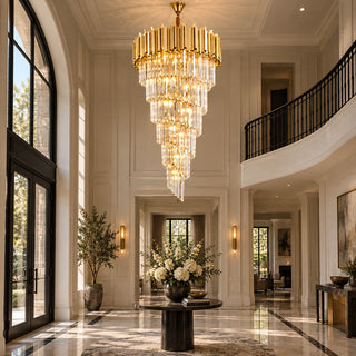 Monaco custom crystal chandelier in a grand double-height foyer