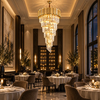 Monaco custom crystal chandelier in a luxury restaurant dining room